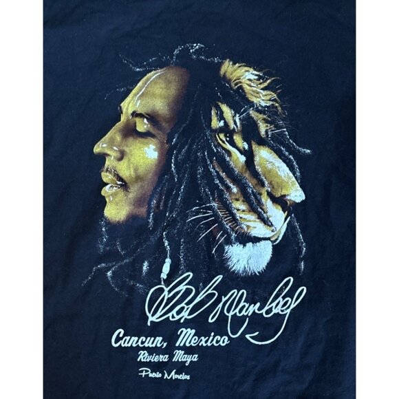 Bob Marley Shirt Cancun Mexico Graphic T-Shirt Size Large Black with Signature - Picture 2 of 5
